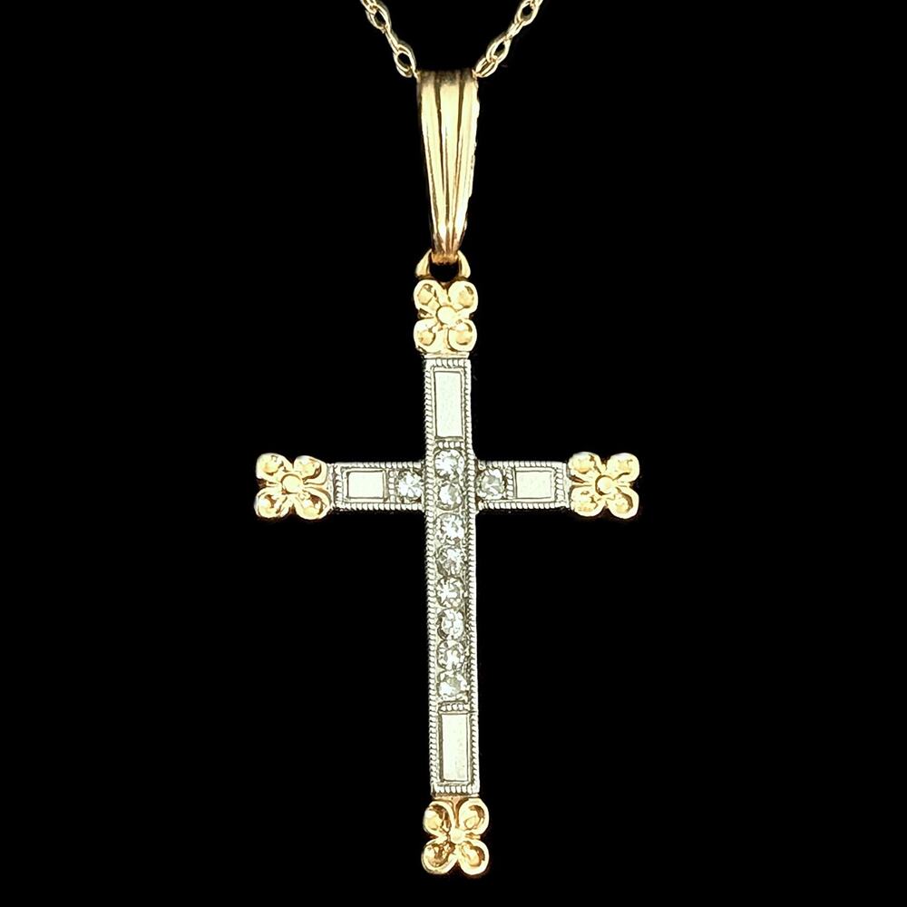 Vintage Diamond 14k Yellow & White Gold Cross Pendant 10k Chain Flower Necklace
